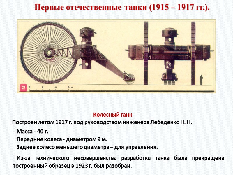 Первые отечественные танки (1915 – 1917 гг.). Масса - 40 т.  Передние колеса